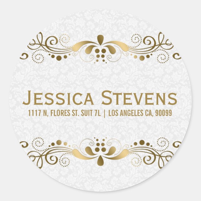 Pegatina Redonda Elegante Tono De Oro Lugar Floral Con Damascos Bla (Anverso)