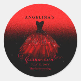 Pegatina Redonda Elegante traje rojo de rubí español Quinceañera