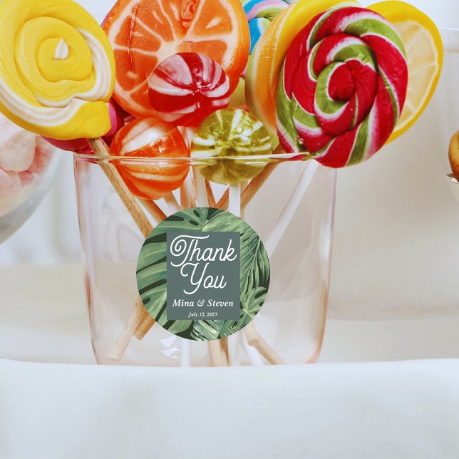 Pegatina Redonda Elegante tropical botánico verde gracias boda (Subido por el creador)