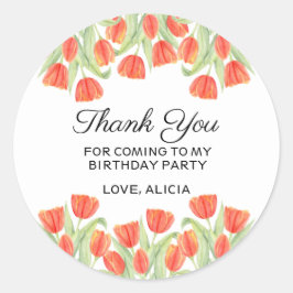 Pegatina Redonda Elegante Tulipán Rojo Botánico Gracias Cumpleaños
