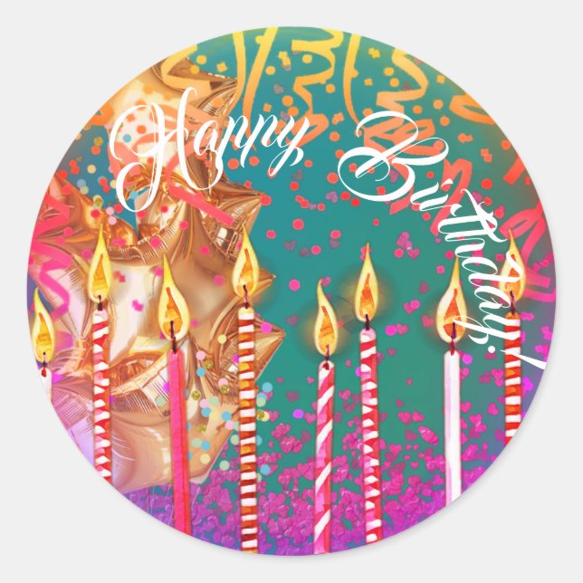 Pegatina Redonda Elegante turquesa con velas Feliz cumpleaños (Anverso)