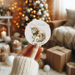 Pegatina Redonda Elegante Unicornio de Navidad Blanco y Dorado
