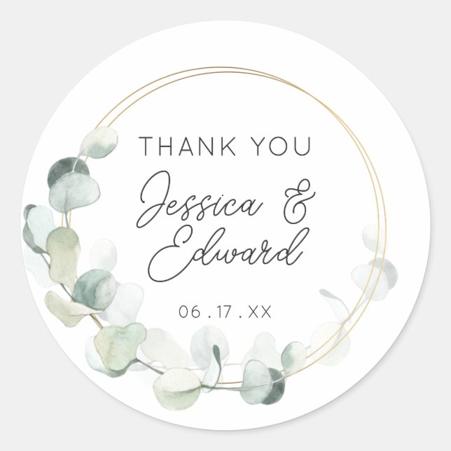 Pegatina Redonda Elegante vegetación Gracias Boda Favor Moderno (Anverso)