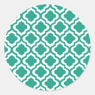 Pegatina Redonda Elegante Verde azulado Trellis Quatrefoil Clover