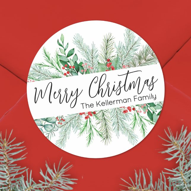 Pegatina Redonda Elegante Verde Botánico de Navidad (Elegant Bontanical Greenery Merry Christmas Classic Round Sticker)