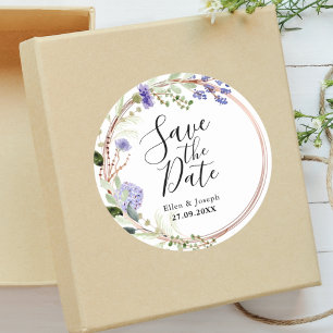 Pegatina Redonda Elegante Verde Lavanda Boda Save The Date
