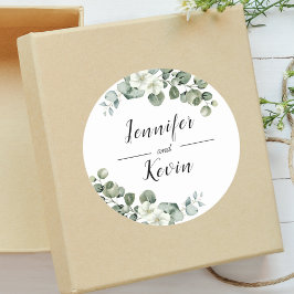 Pegatina Redonda Elegante Verdor Eucalipto Boda Personalizada