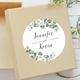 Pegatina Redonda Elegante Verdor Eucalipto Boda Personalizada
