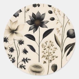 Pegatina Redonda Elegante Vintage Botánico En Crema