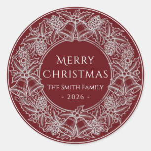 Pegatina Redonda Elegante Vintage Burgundy Rojo Blanco Navidad Fies