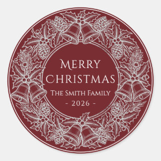 Pegatina Redonda Elegante Vintage Burgundy Rojo Blanco Navidad Fies