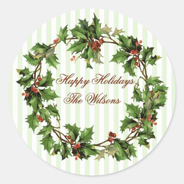 Pegatina Redonda Elegante Vintage Holly Wreath Christmas Sticker (Anverso)