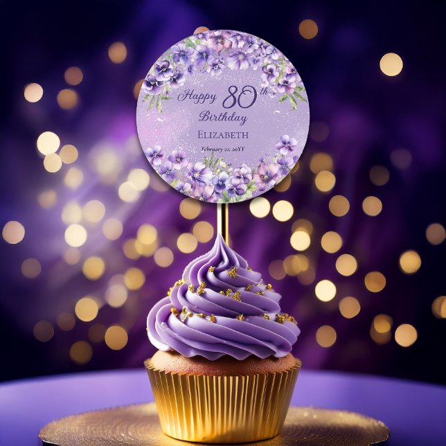 Pegatina Redonda Elegante Violeta Púrpura Floral Feliz 80 cumpleaño (Boho Elegant Purple Violets Happy 80th Birthday Round Sticker for Favors and Envelope Seals)