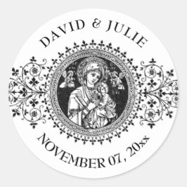 Pegatina Redonda Elegante Virgen Clásica María Jesús Blanco Negro