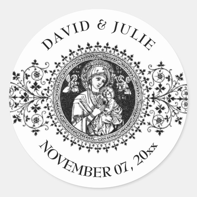 Pegatina Redonda Elegante Virgen Clásica María Jesús Blanco Negro (Anverso)