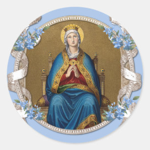 Pegatina Redonda Elegante Virgen Religiosa María Floral Azul