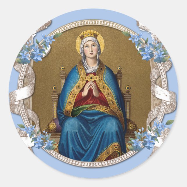 Pegatina Redonda Elegante Virgen Religiosa María Floral Azul (Anverso)