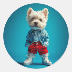 Pegatina Redonda Elegante Westin Pup en Denim y Sneakers
