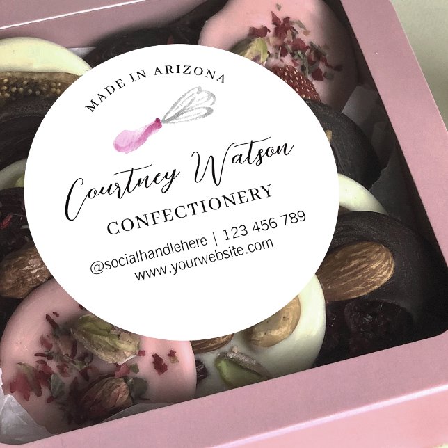 Pegatina Redonda Elegante Whisk De Acuarela Horneado Con Amo Comedo (Pink watercolor whisk bakery sticker to finish off your desserts packaging design)