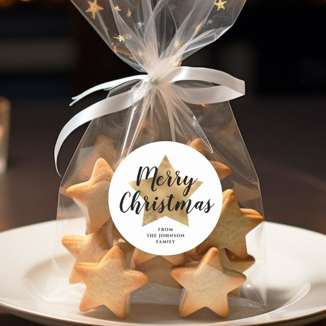 Pegatina Redonda Elegante White Faux Gold Star Feliz Navidad (Elegant White Faux Gold Star Merry Christmas Classic Round Sticker)