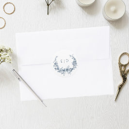 Pegatina Redonda Elegante Wreath floral azul grabado con Monograma