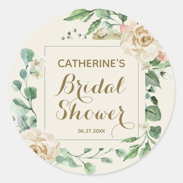 Pegatina Redonda Elegante y clásica ducha de novia floral (Anverso)