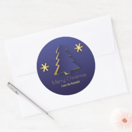 Pegatina Redonda Elegante y elegante árbol de Navidad azul dorado