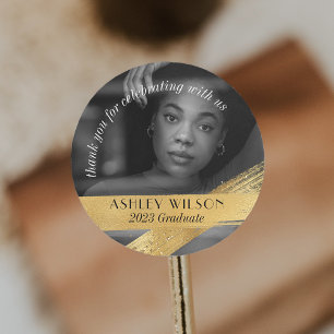 Pegatina Redonda Elegante y Mínimo Oro Graduación Fotográfica