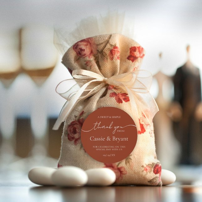 Pegatina Redonda Elegante y moderno Terracota Boho Boda Gracias (Simple Rustic Terracotta Wedding Thank You Stickers with Calligraphy Script)