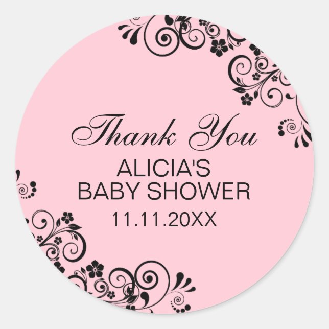 Pegatina Redonda Elegante y personalizada Baby Shower PINK Gracias (Anverso)