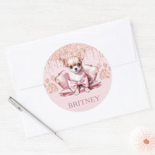 Pegatina Redonda Elegante y personalizado perro chihuahua con Purpu