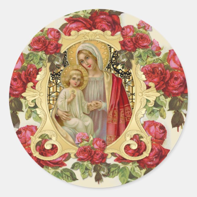 Pegatina Redonda Elegante y religiosa Virgen María Jesús Roses Rojo (Anverso)