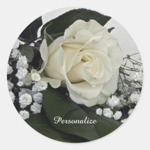 Pegatina Redonda Elegante y Romántica Rosa Blanca Personalizable