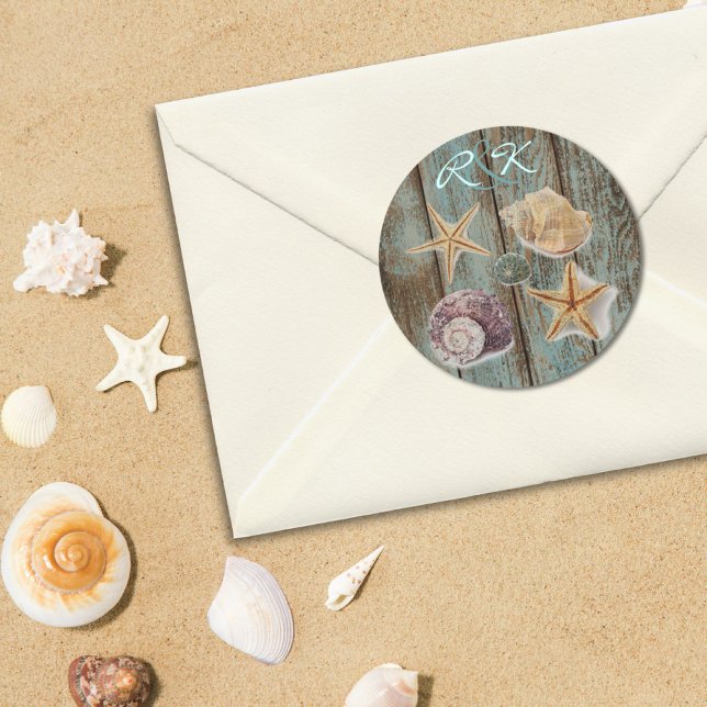 Pegatina Redonda elegante y romántico caserío marejadas de playa bo (elegant romantic cottage seashells beach wedding classic round sticker)