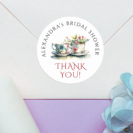 Pegatina Redonda Elegante y simple acuarela Floral Teacup Gracias