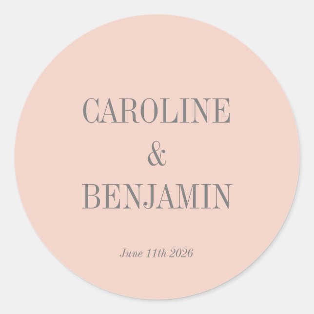 Pegatina Redonda Elegante y simple matrimonio Rubor Gray Custom (Anverso)