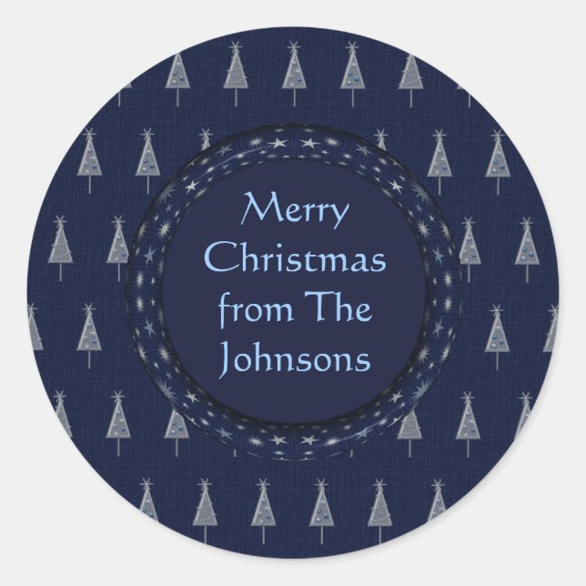 Pegatina Redonda Elegantes árboles y estrellas azules de Navidad (Anverso)