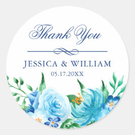 Pegatina Redonda Elegantes Bodas de Blue Florals Gracias