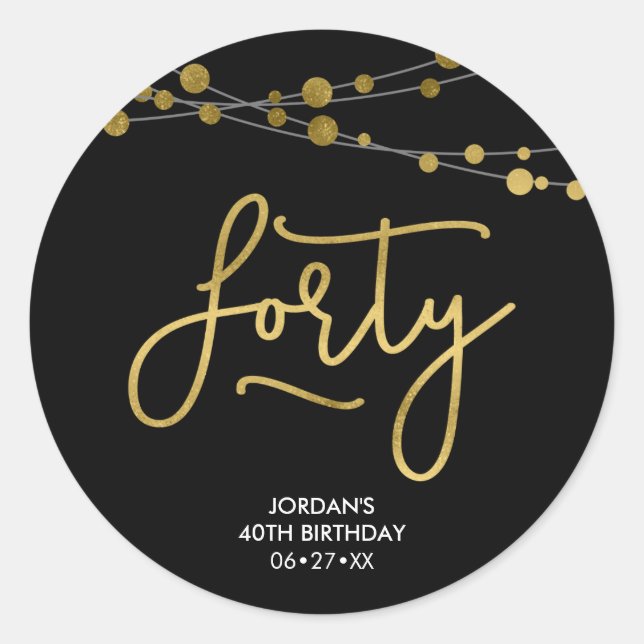 Pegatina Redonda Elegantes cadenas negras de luces 40 cumpleaños (Anverso)