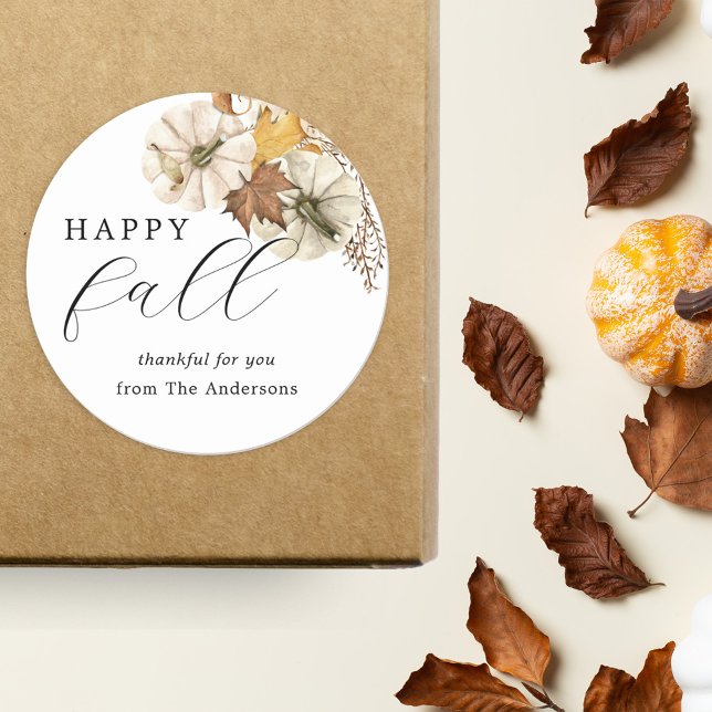 Pegatina Redonda Elegantes Calabazas Blancas Feliz Día de Acción de (Subido por el creador)