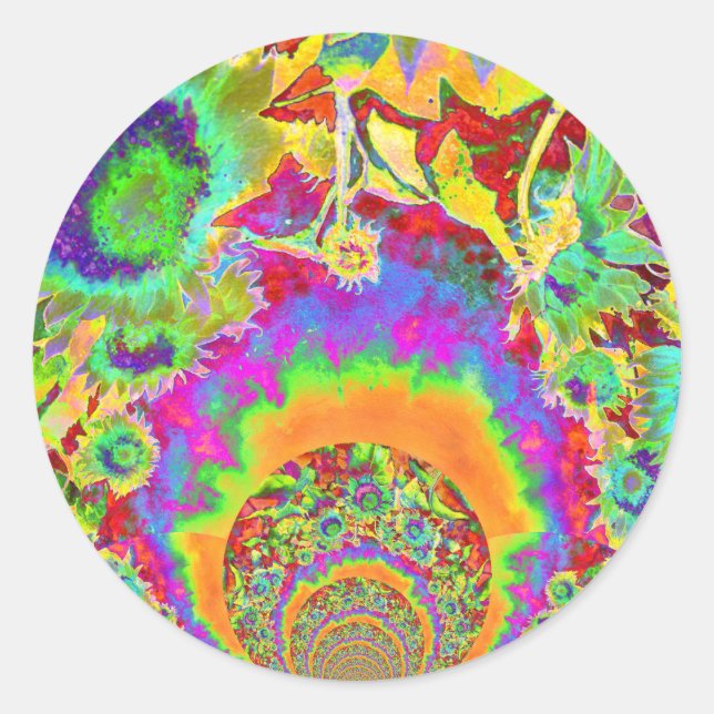 Pegatina Redonda Elegantes campos de girasoles de color retro (Anverso)