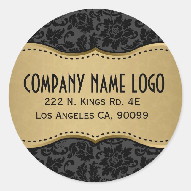 Pegatina Redonda Elegantes Damascos De Oro Y Negro (Anverso)