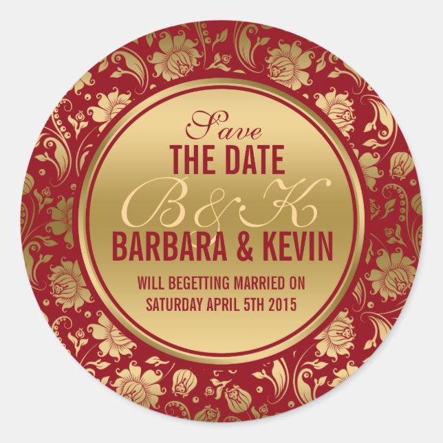Pegatina Redonda Elegantes damascos florales de Borgoña y Oro (Anverso)