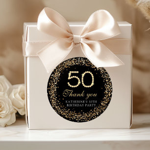 Pegatina Redonda Elegantes Diamantes de Oro Cumpleaños 50 Agradecim