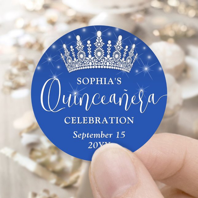 Pegatina Redonda Elegantes espárragos Quinceañera Crown Royal Blue (Subido por el creador)
