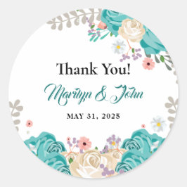 Pegatina Redonda Elegantes Flores Azules Boda de acuarela Gracias
