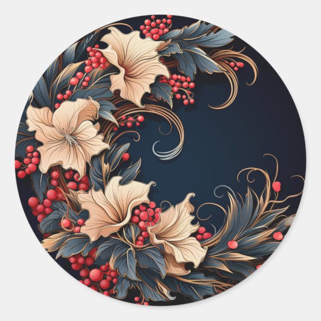 Pegatina Redonda Elegantes Flores de Invierno (Anverso)