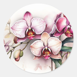 Pegatina Redonda Elegantes flores de orquídeas intrincadas acuarela