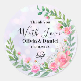 Pegatina Redonda Elegantes Flores Rosa Rubor Gracias Boda