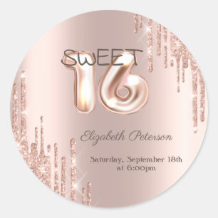 Pegatina Redonda Elegantes gotas de brillo en rosa dorado Sweet 16